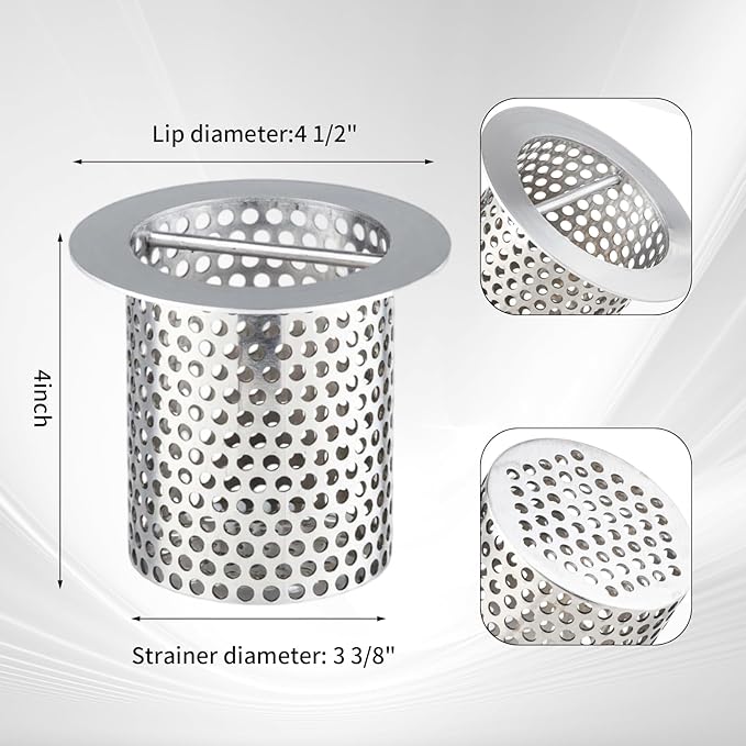3" Commercial Floor Drain Strainer, 4 1/2" Lip Diameter x 4" Tall 316 Perforated Cylindrical Mesh Stainless Steel Drain Strainer with Carry Handle for Restaurant/Factory/Kitchen/Laboratory
