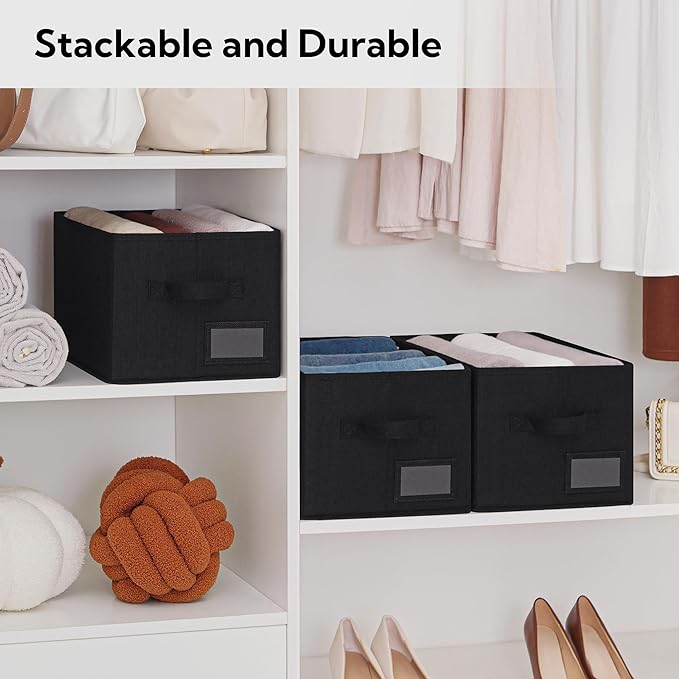 GRANNY SAYS Shelf Storage Bins, Fabric Storage Baskets for Closet and Clothes, Collapsible Storage Boxes with Handles, Decorative Storage Containers for Bedroom, Black, Medium, 3-Pack
