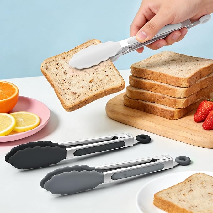 7-Inch Silicone Tongs Pack of 6, Small Stainless Steel Tongs with Silicone Tips for Cooking, Serving, BBQ, Grilling, Salad, Buffet, Party (7", Black/Gray/White)
