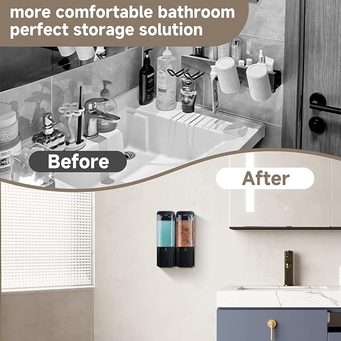 Shower Soap Dispenser Wall Mounted Shower Dispenser 2 Chamber No Drill Shampoo and Conditioner Dispenser Refillable Shampoo Dispener for Shower 2 * 500ml for Bathroom Hotel (Black 2 Chamber)