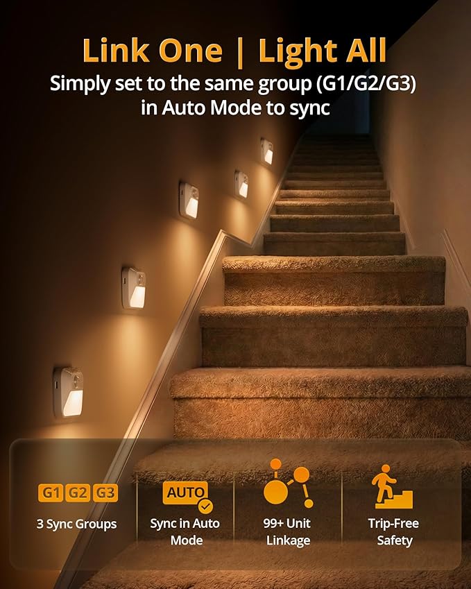 Lyridz Smart Sync Linkable Night Lights with 3-in-1 Charging Dock, Rechargeable Motion Sensor Nightlight, Dimmable Step Lights for Stairs, Hallway, Bathroom, Bedroom, Nursery, Pets, 3 Pack