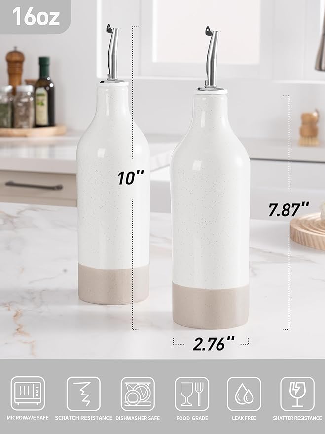 famiware Milkyway 16oz Ceramic Olive Oil Dispenser Bottle, Olive Oil and Vinegar Dispenser Bottle Set of 2 with Stainless Steel Pourers, Suitable for Storage Vinegar, Soy Sauce, Liquids, White