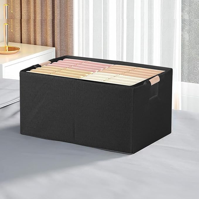 Fabric Storage Bin Box Foldable Cotton Linen Storage Basket with Wooden Handles Rectangular Cube Decorative Home Laundry Organizer Clothes Blanket Container – Black, Small