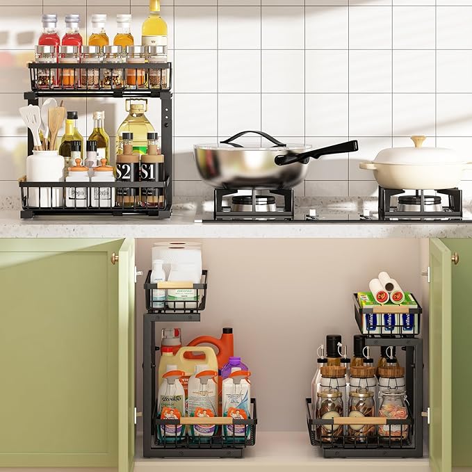 REALINN Under Sink Organizer, Height Adjustable Under Sink Organizers and Storage, 2 Tier Pull Out Drawer Cabinet Storage for Kitchen Bathroom, 1 Pack