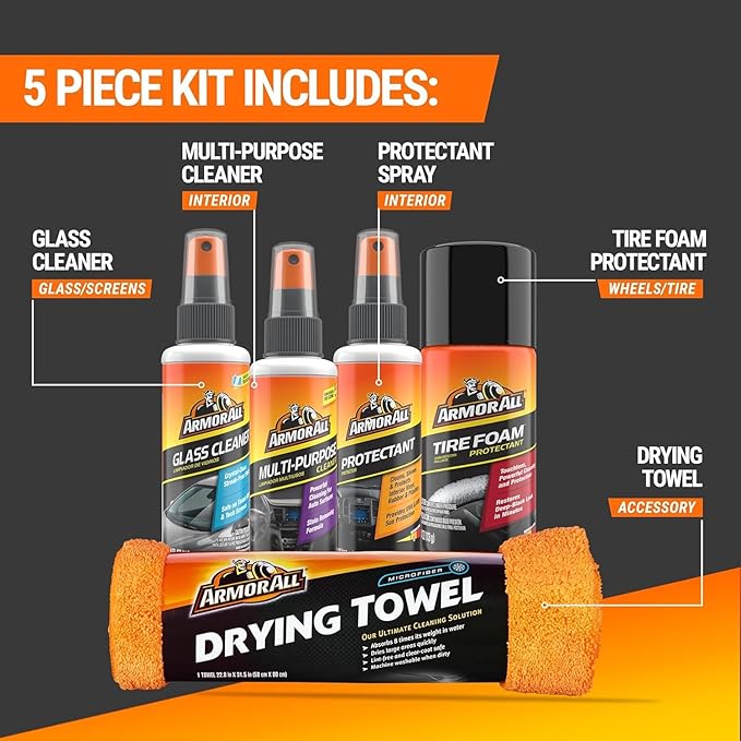 Armor All Car Wash and Car Interior Cleaner Kit, Includes Towel, Tire Foam, Glass Spray, Protectant Spray and Cleaning Spray, Multicolor, 5 Count