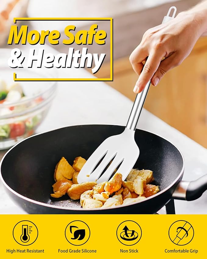 Pack of 4 Silicone Cooking Utensils Set, Non Stick Large Solid Spatulas, Heat Resistant Slotted Spoons, Ideal BPA Free Kitchen Turners for Frying, Mixing,Serving,Draining,Turning,Stirring (WHITE)