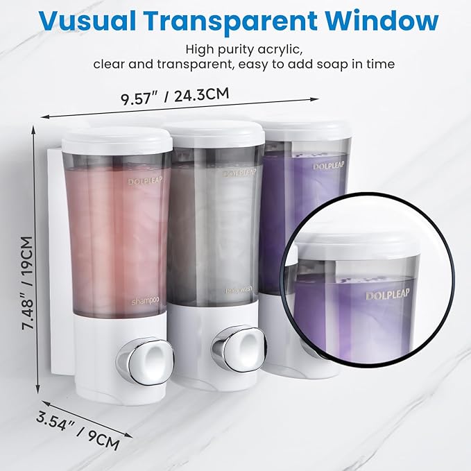 Shampoo Conditioner Body Wash Dispenser No Drill Shower Soap Dispenser Wall Mounted Shampoo Dispenser 3 Chamber with Upgrade Pump Head Bathroom Soap Dispenser 450ml/Each White
