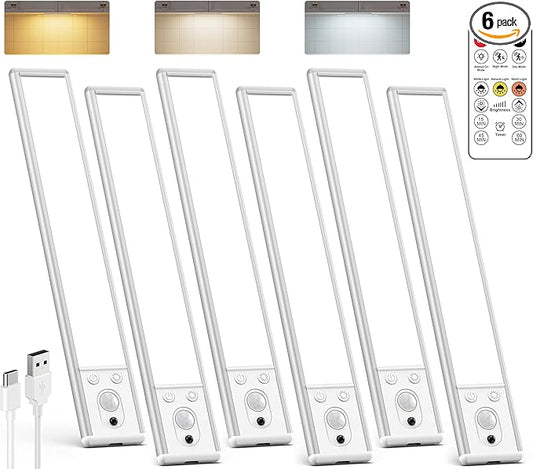 Under Cabinet Lighting Wireless, 2200mAh Rechargeable Motion Sensor Light Indoor, 3 Color Temps, Dimmable, Wireless LED Closet Lights Remote, Magnetic Under Counter Light for Kitchen, Pantry, 6 Pack