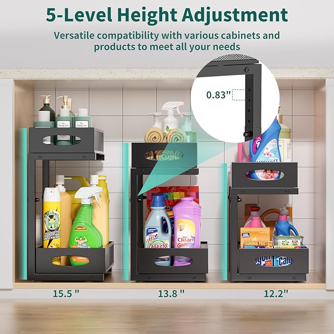 Under Sink Organizer, 2-Pack of 2-Tier Metal Slide Out Pull Out Cabinet Organizer Shelf, Height Adjustable Organization and Storage Series, Bathroom/Desktop/Cabinet/Kitchen Organization, Black