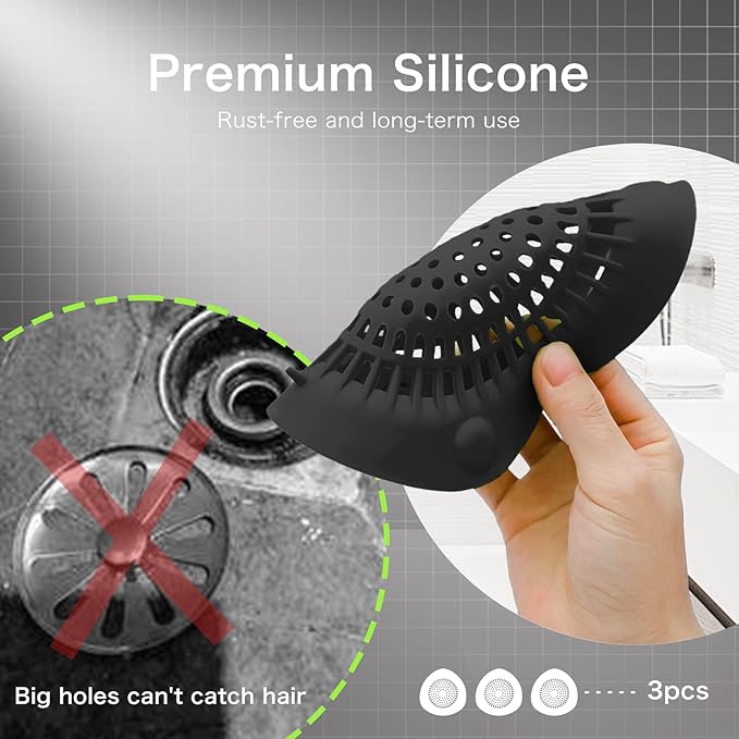 Hair Catcher Shower Drain Cover Bathtub Silicone Hair Catcher Stopper Drain Strainers,Home Protectors with Sucker Water Trap Sink Cover for Kitchen Sink Bathroom Tub 3 Pack (Black)