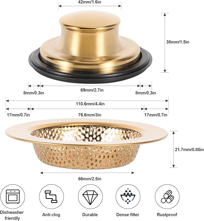 RQYEKDO Kitchen Sink Strainers Sink Stopper Kits, Stainless Steel Sink Drain Strainer Set