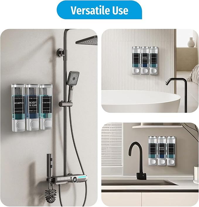 Shampoo and Conditioner Dispenser, Shower Soap Dispenser Wall Mounted, Shower Dispenser 3 Chamber No Drill for Bathroom Large Capacity (Silver)