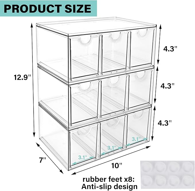 Prsildan Acrylic Makeup Organizer, 3 Pack Stackable Storage Drawers with 9 Drawers for Office Desk Vanity Craft Room Clear Drawer Organizers for Hair