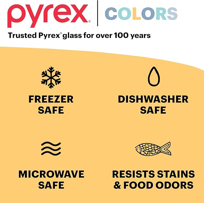 Pyrex Colors Tinted (12-PC Full Set) Small/Medium/Large Food Storage Container Set, Snug Fit Non-Toxic Plastic BPA-Free Lids