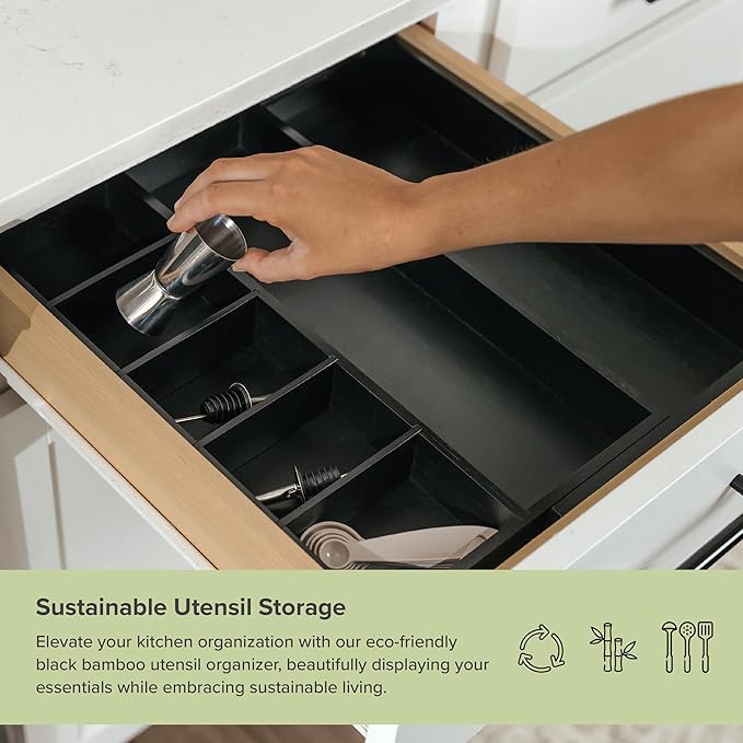 KitchenEdge Adjustable Kitchen Drawer Organizer for Utensils and Junk, Food-Safe Contract Grade with 100% Sustainable Wood