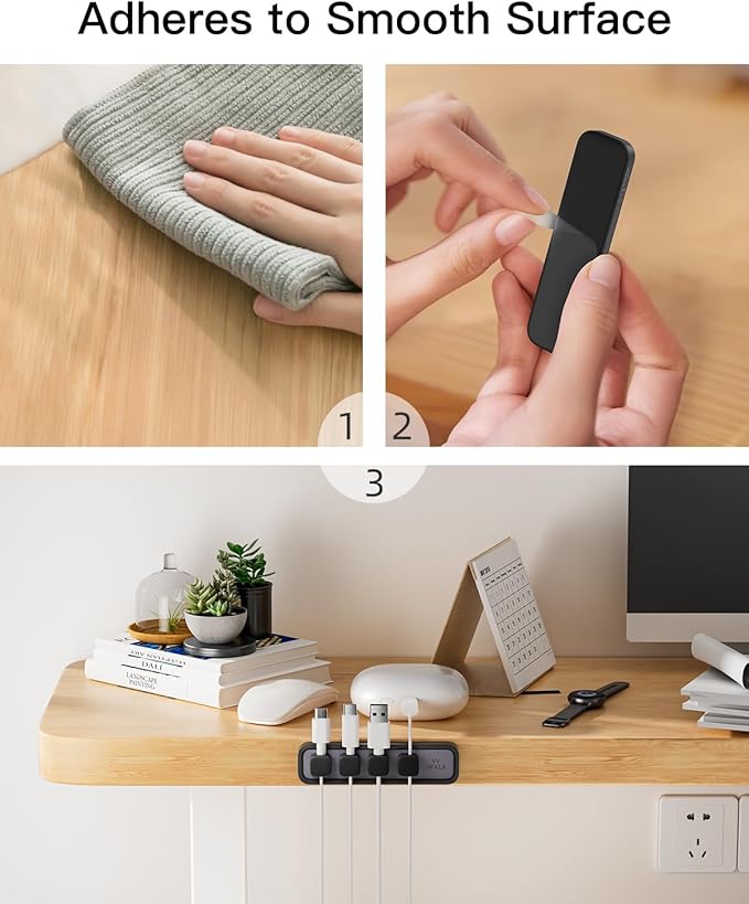 iWALK Magnetic Cable Holder,Reusable Adhesive Desktop Cord Organizer for 2-6mm Cables,4 Clips for Lightning & USB C/Micro Cables,Sticks to Wood,Glass,Metal, Marble,2-Pack,Black