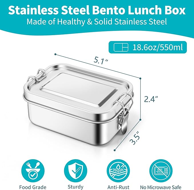 TeamFar Stainless Steel Bento Box, 18.6oz/550ML Metal Lunch Box with Leak-Proof Lid for Kids, Small Lunch Food Containers for School/Work/Meal Prep, Heavy Duty & Dishwasher Safe