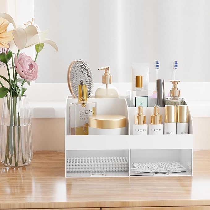 Makeup Organizer with Drawers, Cosmetic Storage for Dresser Vanity and Bathroom Countertop, Beauty Holder for Lipstick Brush, Skincare Organizer for Vanity, Cosmetic Display Case (White)