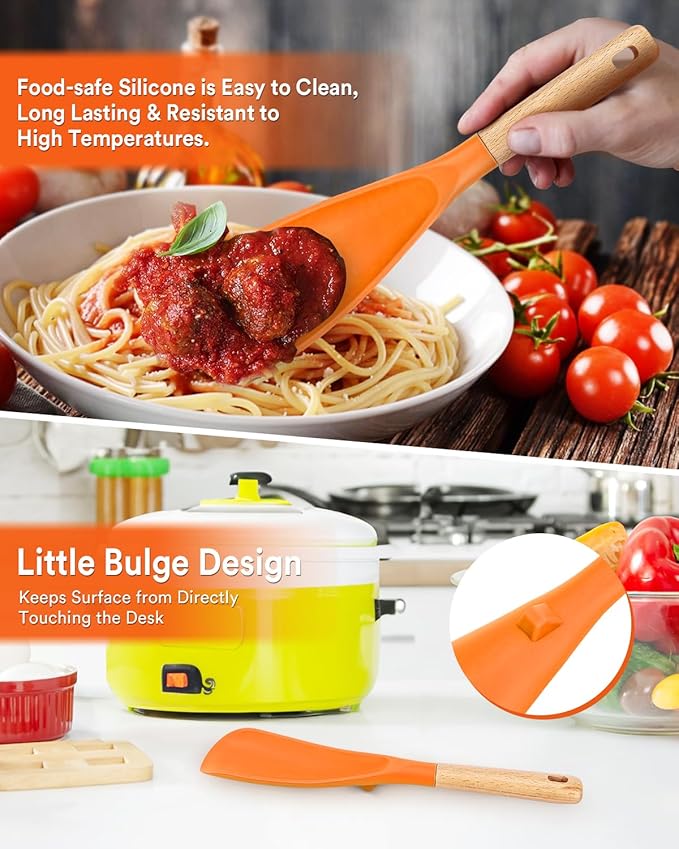 Cooking Spoon and Rice Scooper for Nonstick Cookwares, Great for Cooking and Serving Sturdy BPA-Free Matte Silicone, Wood Handle Spoon for Mixing, Scoop, and Scrape (ORANGE)