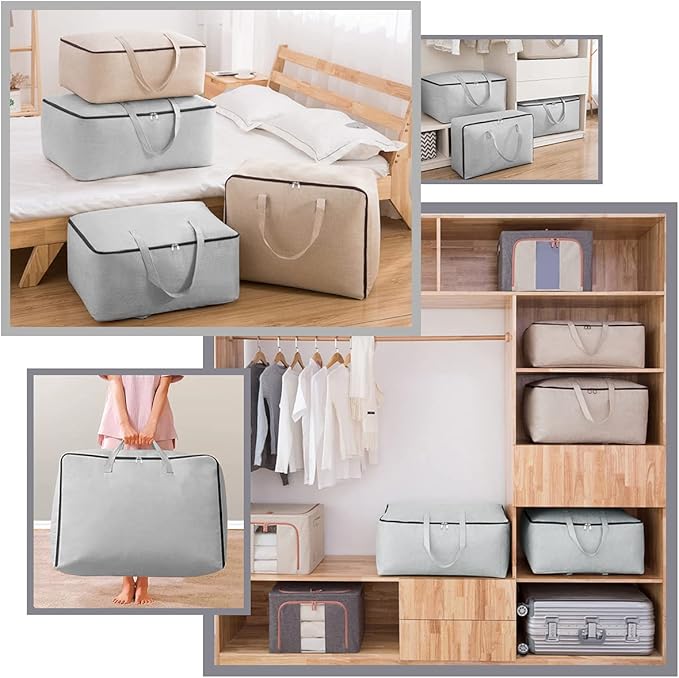 Breathable Canvas Cotton Soft Storage Bags with Handles & 3-side Zip, Good for Cotton Clothes Bedding Organizer Bins, Beige, 3pcs
