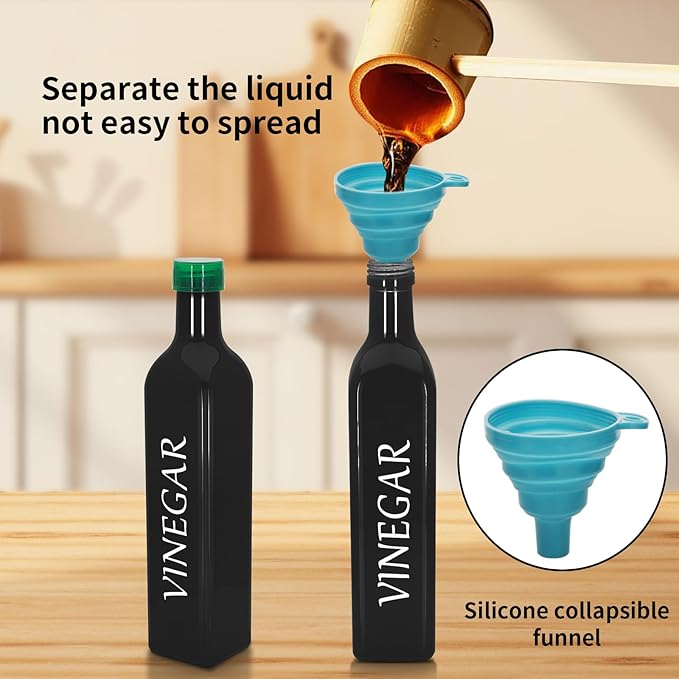 1 Pc 17oz Olive Dispenser Bottle,500ml Glass Oil and Vinegar Dispenser Set with 1 Stainless Steel Pourers,Funnel Bottles for Kitchen (Black Vinegar)