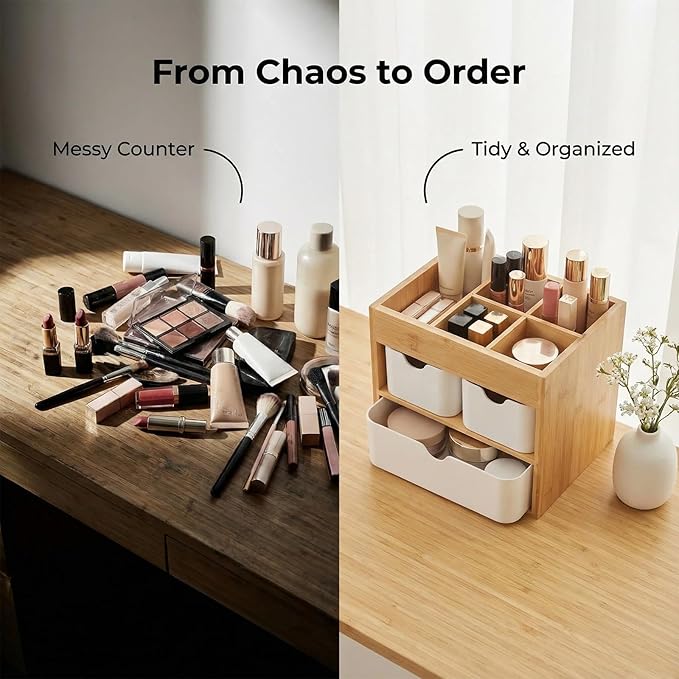 Bamboo Makeup Organizer with 3 Drawers, Dresser Cosmetic Organizer Box