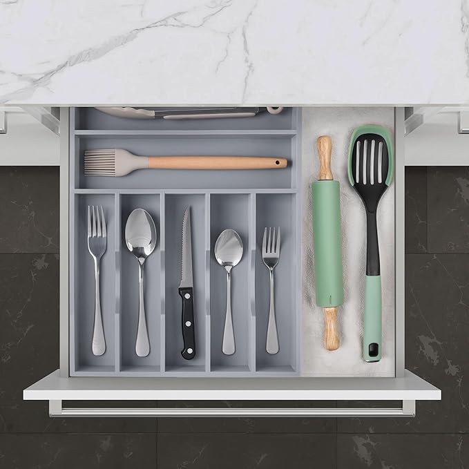 Kitchen Bamboo Silverware Organizer, Kitchen Drawer Organizer, Grey