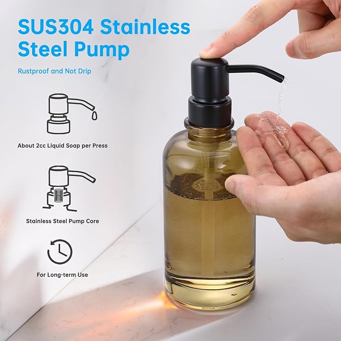 Glass Soap Dispenser Light Amber with Black Pump, 11 OZ Liquid Soap Dispenser Cylindrical Bottle with Stainless Steel Pump for Dish Hand Soap Bathroom Kitchen Vanity Countertop