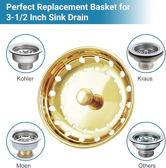 KONE Sink Drain Strainer Gold Sink Stopper and Strainer Stainless Steel Kitchen Sink Strainer Basket Replacement for 3-1/2 Inch Kitchen Sink