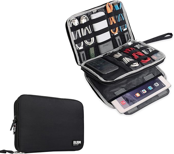 BUBM Double Layer Electronics Organizer/Travel Gadget Bag For Cables,Memory Cards,Flash Hard Drive and More,Fit For iPad Or Tablet(Up To 9.7")--Large, Black