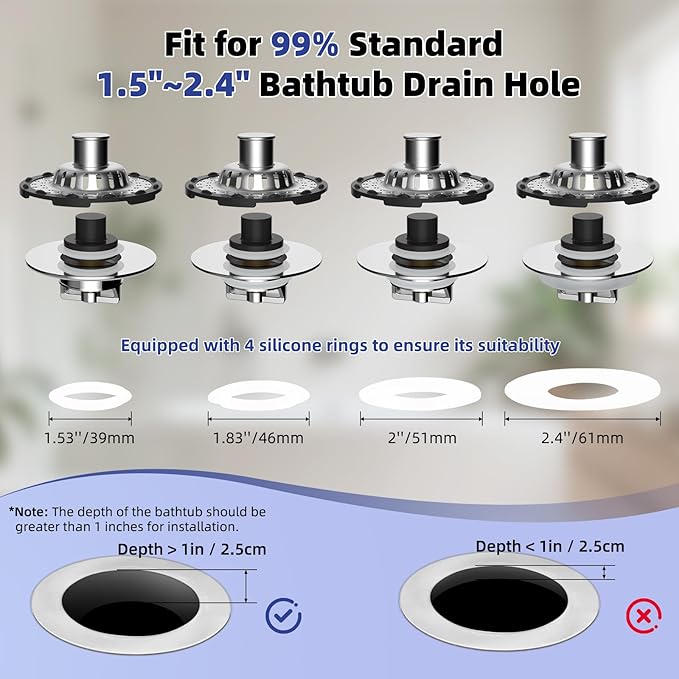 Metal 2 Pack Bathtub Drain Stopper with Top Hair Catcher, Innovative 3 in 1 Pop-up Bathtub Strainer