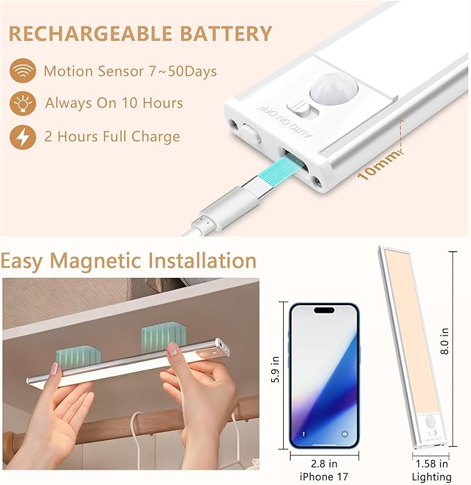 Bitrue Under Cabinet Lighting, 2Pack Rechargeable Magnetic Motion Sensor,Stepless Dimmable, 3 Color Temps, Wireless Lighting for Kitchen, Closet, Staircase (Silver, 2Pack-8inch)