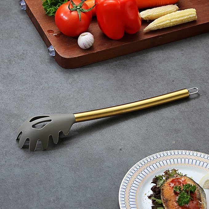 Gold Spaghetti Spoon, Berglander Non-stick Silicone Pasta Server With Titanium Gold Plating Handle, Spaghetti Server For Cooking, Pasta Fork, Noddle Fork, Dishwasher Safe, Easy to Clean