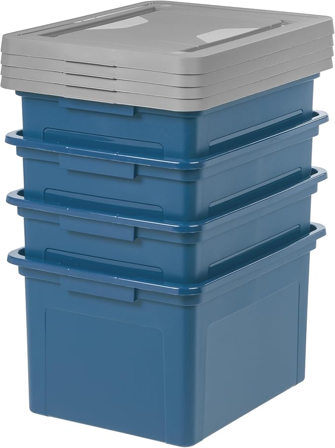 IRIS USA File Box Plastic File Organizer for Letter/Legal File, Document Box, Durable Storage Bin Tote with Secure Latching Lid, Stackable, BPA-Free, Eco Friendly, Sustainable, Navy/Gray 35 Qt. 4 Pack