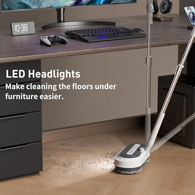 Cordless Electric Spin Mop, Electric Floor Cleaner with Water Sprayer & LED Headlight, 50mins Working Time, 290ml Water Tank, Adjustable Tube, Self-Propelled Multi-Surfaces Floor Mop for Home Cleaning