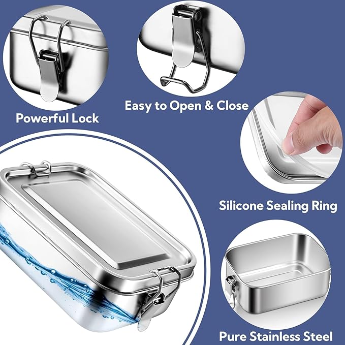 E-far 4 Pieces Stainless Steel Bento Box, 550/550/850/1400ml Metal Lunch Box, Leak-Proof Lunch Food Container with Lids and Divider