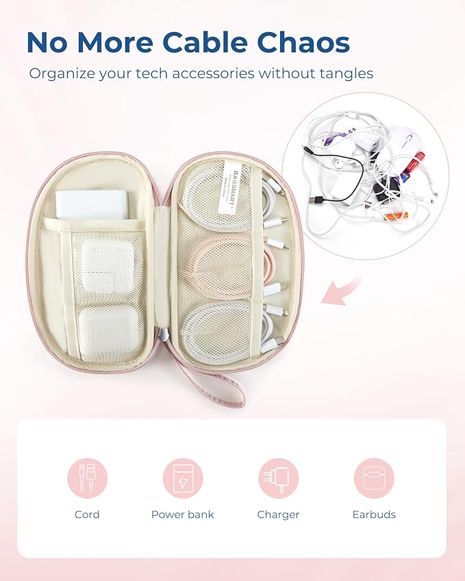 BAGSMART Cord Organizer Travel Cable Bag, Compact Tech Electronic Organizer Travel Case, Essentials for Charger, Cable, Phone, Flash drive - Pink