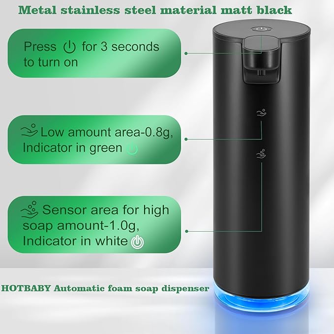 Automatic Hand Soap Dispenser Touchless: Foaming Soap Dispenser Stainless Steel - Free Touch Electric Soap Dispenser Rechargeable with Sensor for Bathroom, Commercial (Black)