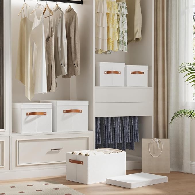 Storage Boxes with Lids, 7.1 x 9.1 x 13 Inch Storage Baskets, Closet Organizers for Shelves Organizing with Handles, White, 5-Pack