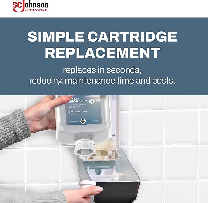 SC Johnson Professional Clear FOAM Dispenser and Refill Starter Kit, Wall Mount Soap Dispenser for Hand Soap, 1 Refresh Clear FOAM Hand Wash, 1 Liter Cartridge, 33.8 fl. oz., for Professional Use Only