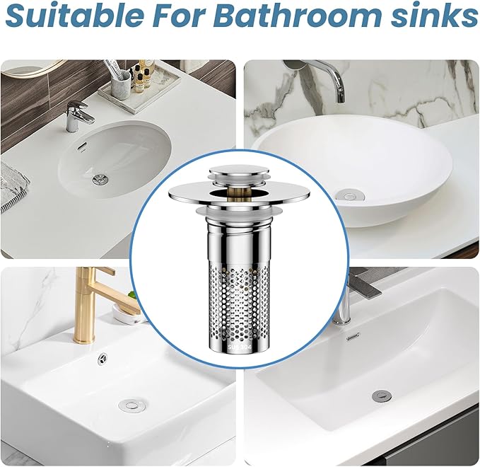 Bathroom Sink Drain Strainer，Pop Up Sink Drain Filter with Removable Stainless Steel Filter Basket Hair Catcher，Bathroom Drain Stopper Sink Plug