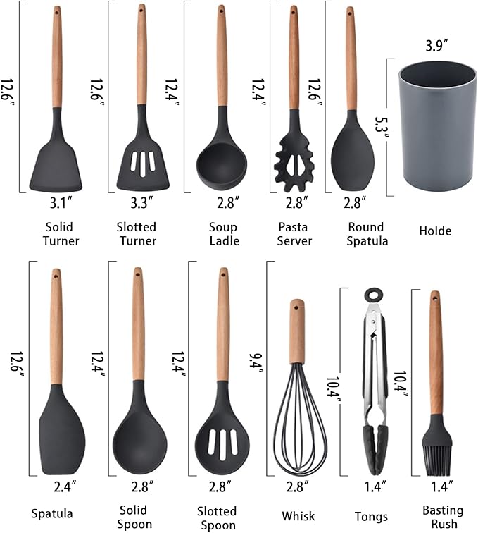 Kitchen Cooking Utensils Set, 12-piece Silicone Kitchen Utensils Set Non-stick Cookware set Is Heat-resistant, BPA-Free, Kitchen Tools set, spoon,spatula(Grey)