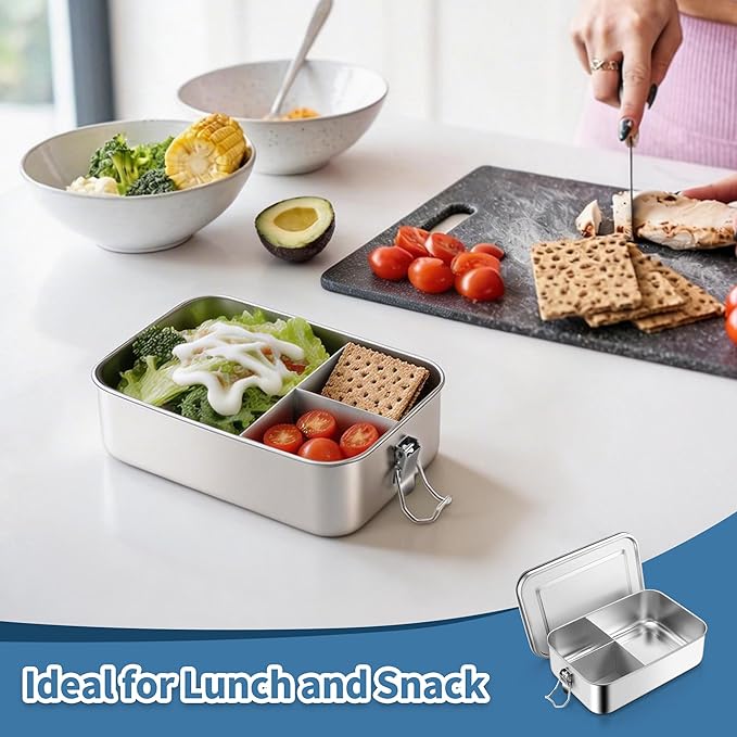 TeamFar Stainless Steel Bento Box, 47oz/1400ML Metal Lunch Box with Leak-Proof Lid for Adults/Kids, Lunch Food Containers with 3 Compartments for School/Work/Meal Prep, Heavy Duty & Dishwasher Safe