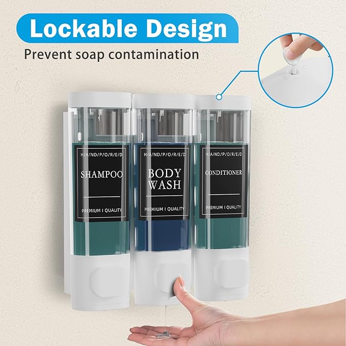 Shampoo and Conditioner Dispenser, Shower Shampoo Dispenser 3 Chamber No Drill, Shampoo and Conditioner Bottles for Bathroom Hotel Large Capacity(White)
