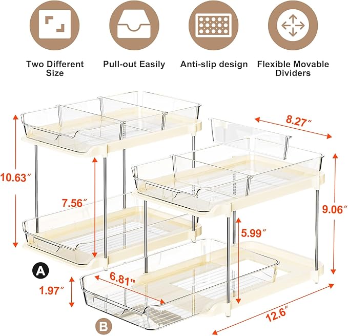 Delamu 2-Tier Multi-Purpose Bathroom Under Sink Organizers and Storage, Stackable Kitchen Pantry Organization, Pull Out Medicine Cabinet Organizer with Movable Dividers, Beige, 2 Pack
