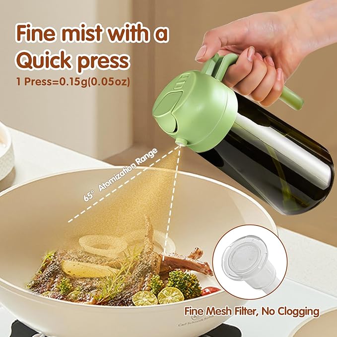 YARRAMATE 16oz/470ml Light Blocking Oil Sprayer for Cooking with Stickers, Food-Grade 2 in 1 Olive Oil Dispenser Bottle for Kitchen, Premium Dark Green Glass Oil Bottle for Air Fryer, BBQ (Green)