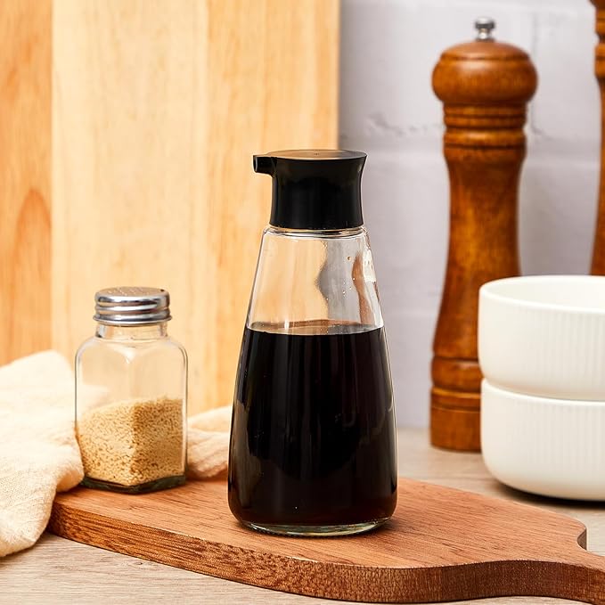 1 Pcs 9.6 oz Cruet Dispenser for Olive Oil Vinegar Soy Sauce Dispenser Bottle Glass Soy Sauce Container Oil Bottle for Kitchen Cooking Barbecue(Black)