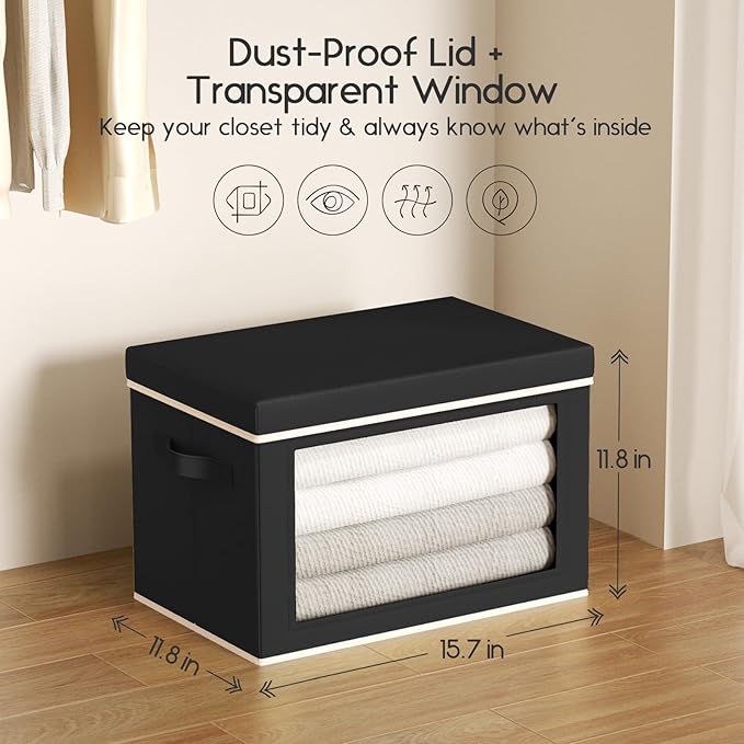 Homsorout Collapsible Storage Bins with Lids - Stackable Storage Containers with Window, 15.7 Inch Fabric Organizing Bins for Closet, Home & Office Organization Baskets, Black, 3 Pack