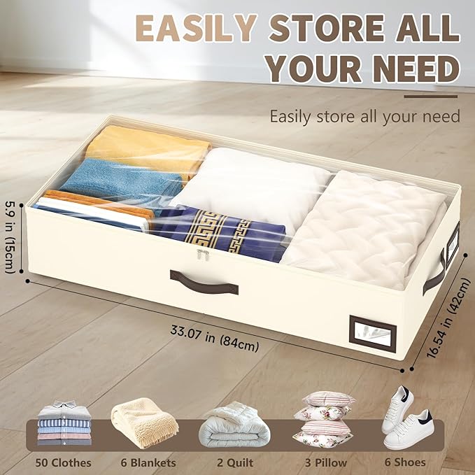 2 Pack Under Bed Storage with 4 Compression Bags, Beige