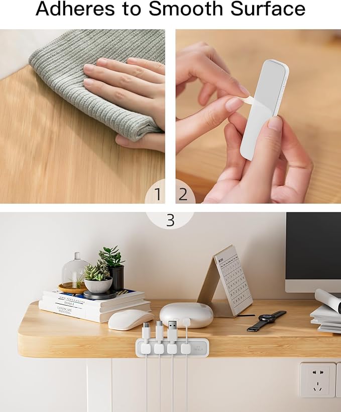 iWALK Magnetic Cable Holder, Reusable Adhesive Desktop Cord Organizer for 2-6mm Cables,4 Clips for Lightning & USB C/Micro Cables,Sticks to Wood,Glass,Metal, Marble, 2-Pack,White